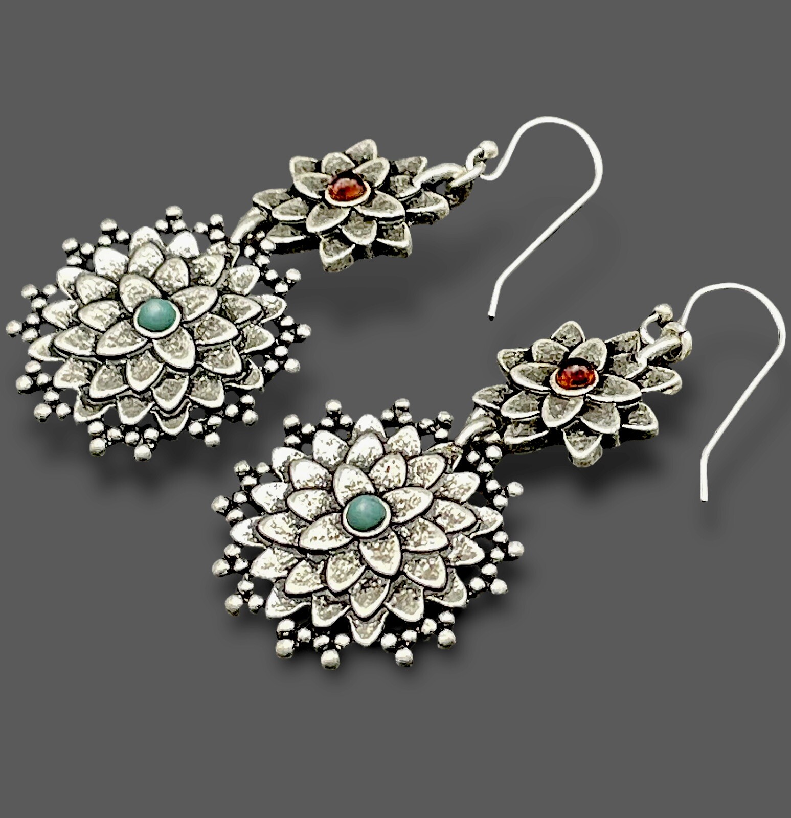 Double LOTUS DANGLE EARRINGS Boho Silver Tone Faux Turquoise Amber EUC🔥!SALE!🔥