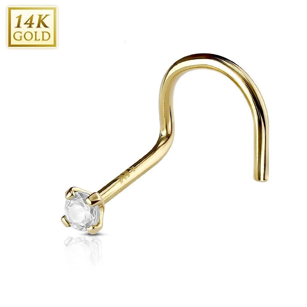 20G SOLID 14K KARAT YELLOW GOLD PRONG SET CZ GEM NOSE SCREW BEND RING STUD 1.5mm