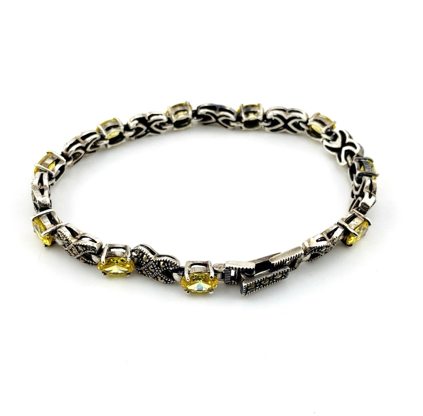 Canary Yellow CZ Marcasite Sterling Silver Link Bracelet Vintage 7.25 in