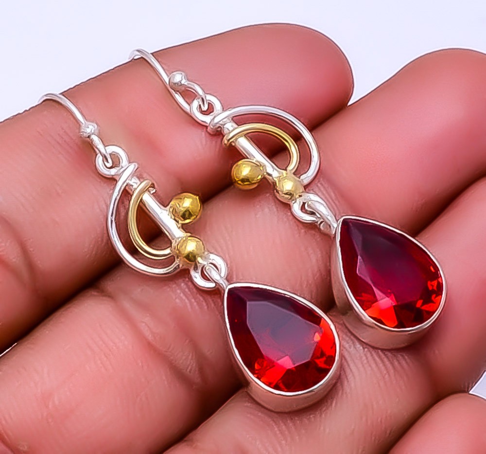 Red Garnet Gemstone 925 Sterling Silver Two Tone Earrin 1.95″ E_9322_106_36