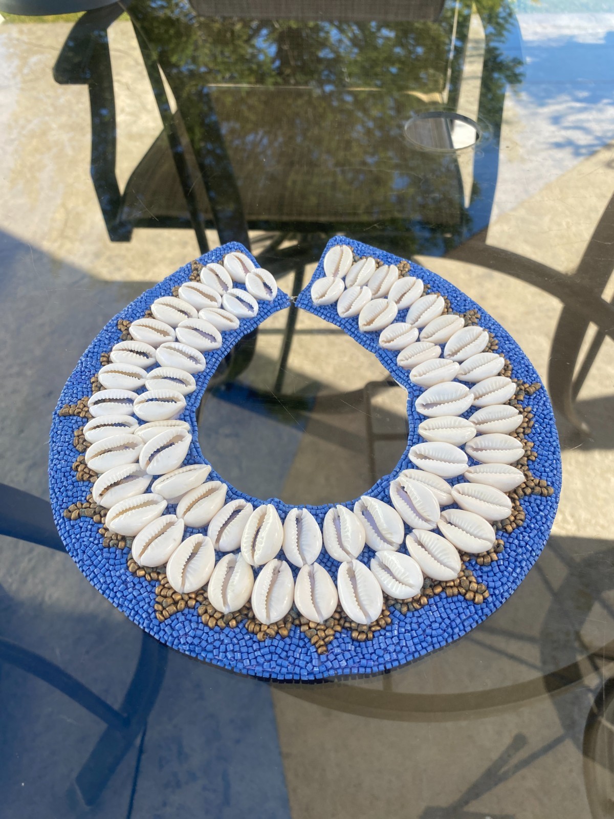 Olivia Dar Anthropologie Necklace Shell Collar Bib Beaded Statement Cowrie Peach