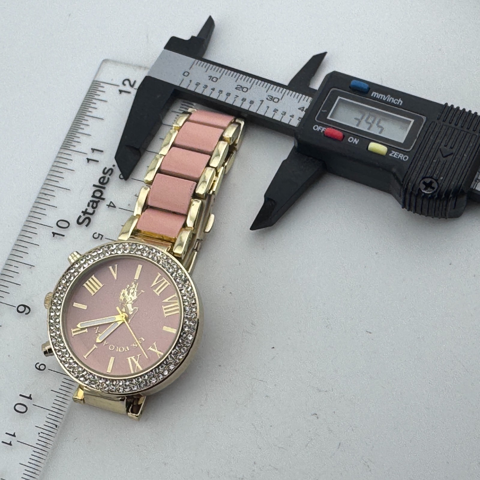 US Polo Assn Quartz Watch Women 40mm Gold Tone Pink Rhinestone New Battery 6.75″