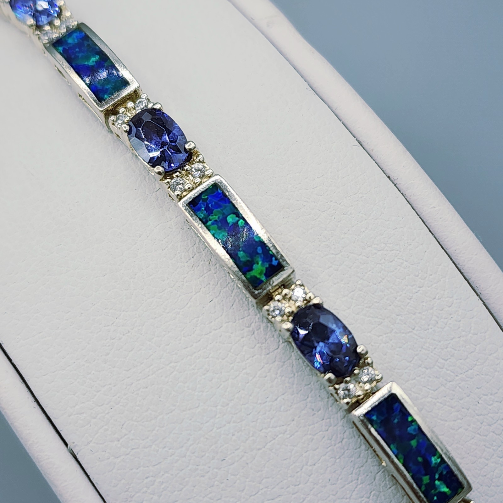 Sterling Silver 925 TGI Bracelet Iolite Black Opal Cubic Zirconia 7″ 5mm