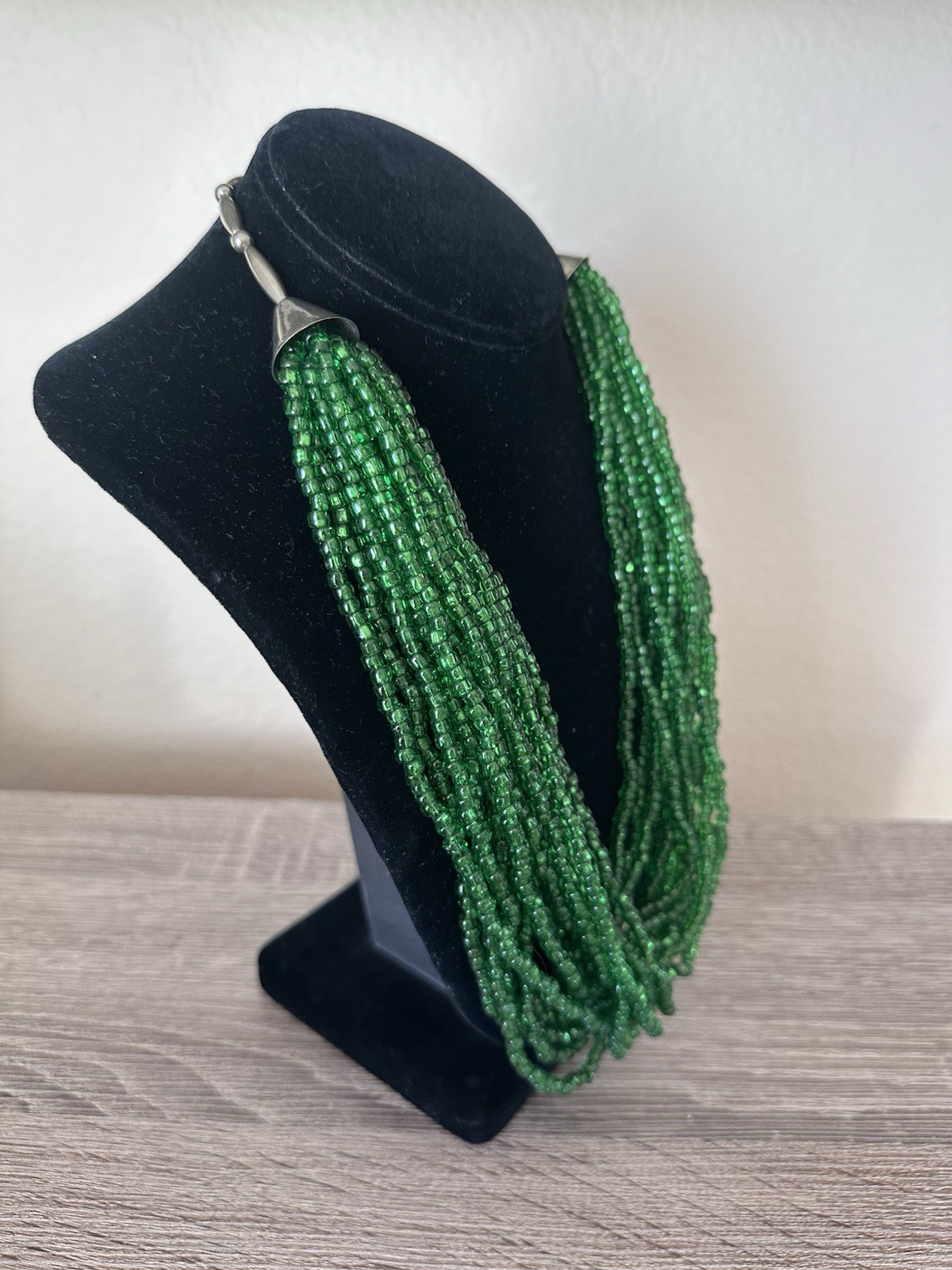 Vintage Southwestern Multi Strand Green Glass Seed Bead Necklace Silver Tone