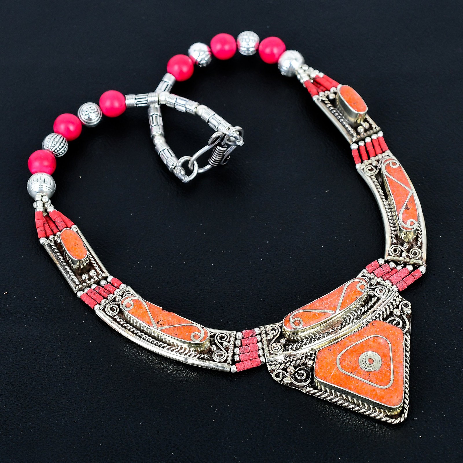 Red Coral 925 Sterling Silver Tibetan Handmade Amazing Nepali Necklace 18″ PG134