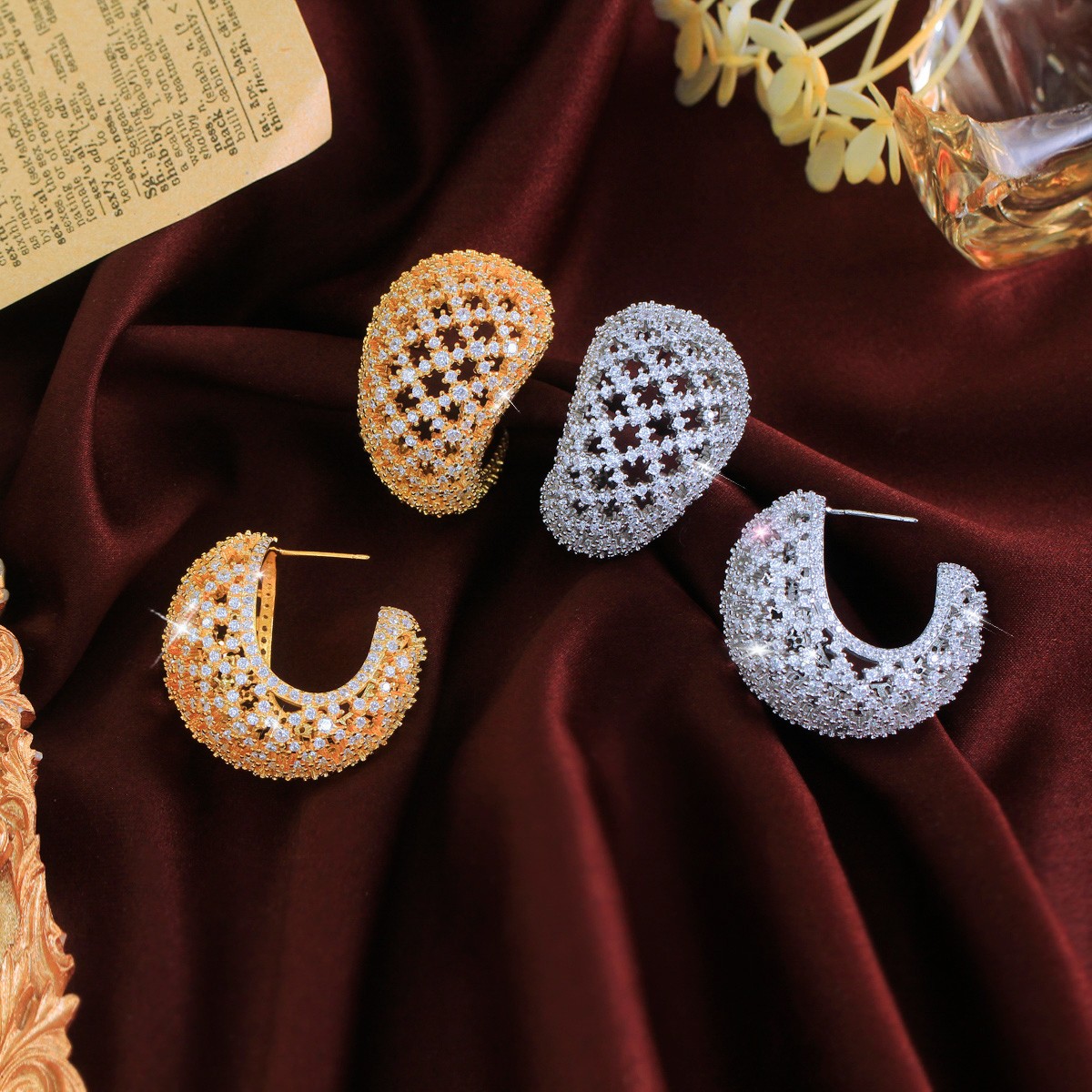 Luxurious Gold Plated Cubic Zirconia Curved Drop Hoop Earrings for Women Wedding