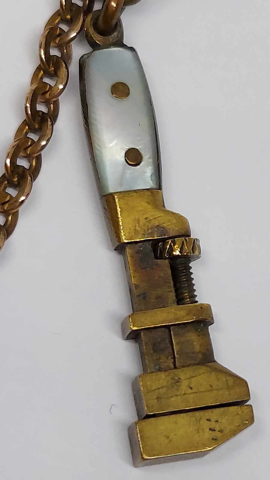 VTG Antique Miniature monkey Wrench works watch Fob charm Gold Filled Chain Clip
