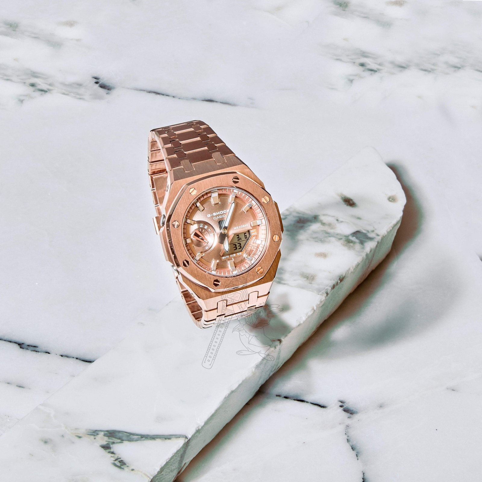 Casio GA-2100 G-Shock Watch – Rose Gold Metal w/ Bracelet Mod – Rose Gold Dial
