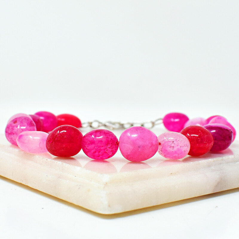 157.00 Cts Natural 8 Inches Long Pink Onyx Beads Handmade Bracelet NK 19E214