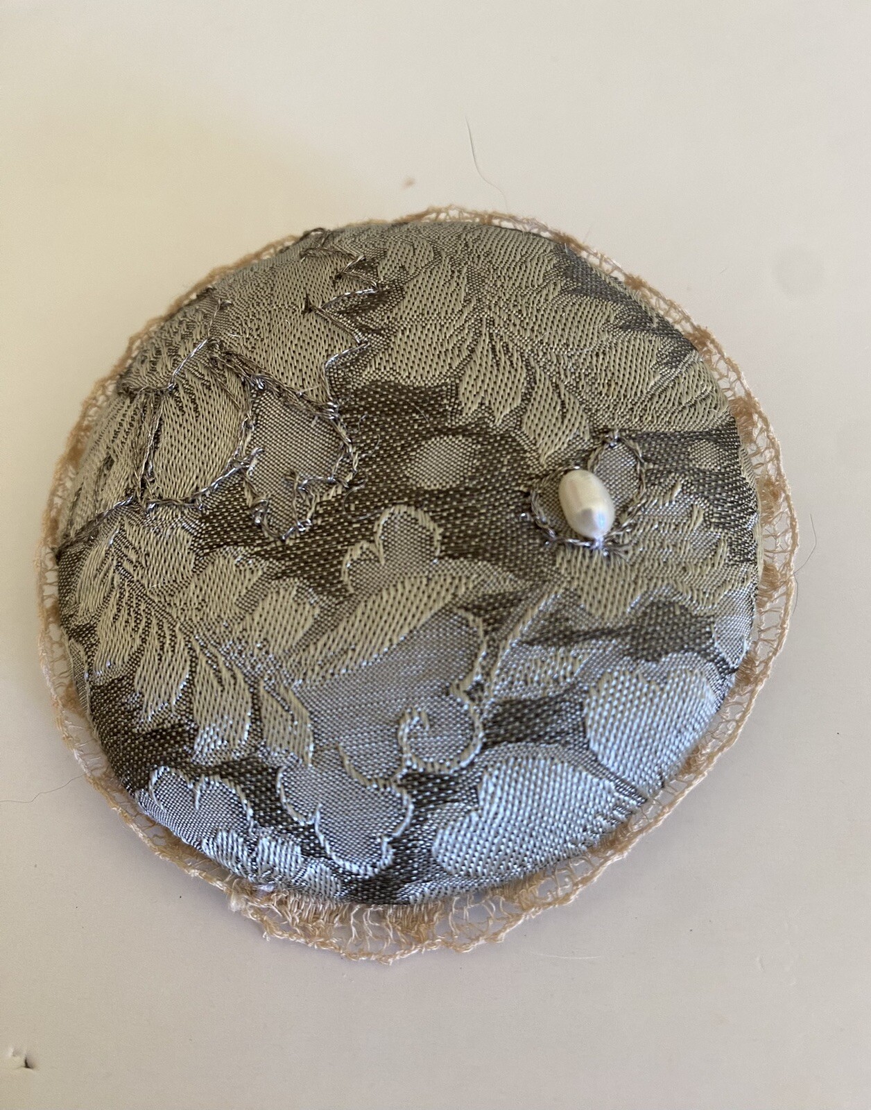 Vintage Round Shabby Chic Fabric Lace Edged Pin/Brooch W.Pearl 2.75”.