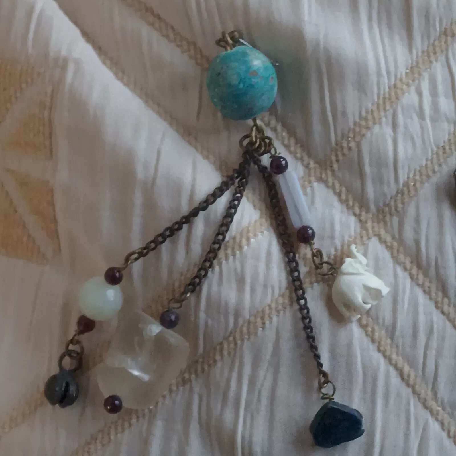 Crafted Dangle Drop Earrings 4″. Beads Granite Heart Elephant on Verdigris Ball.