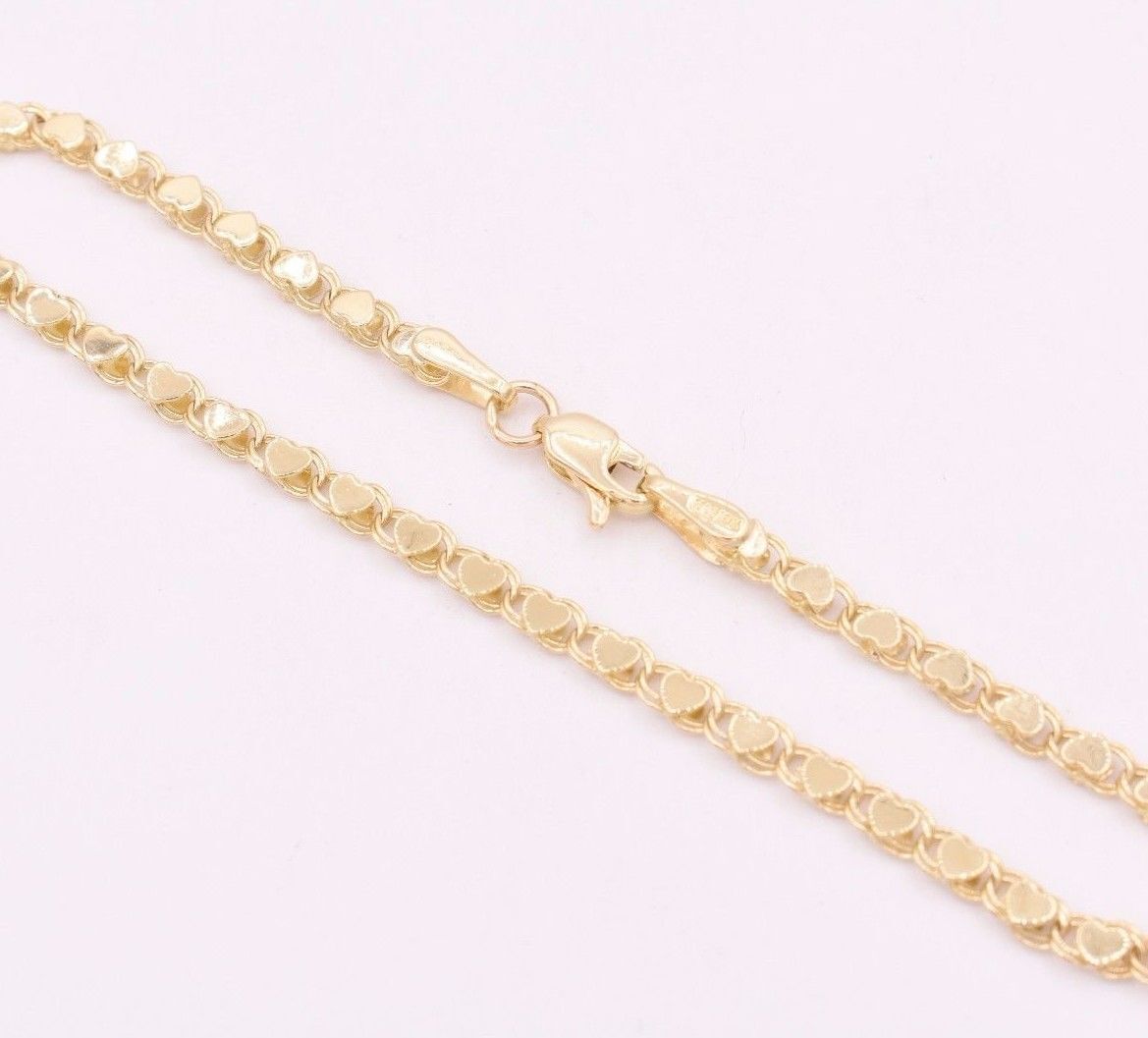 3.3mm Reversible Mirrored Heart Link Bracelet Real Solid 14K Yellow Gold