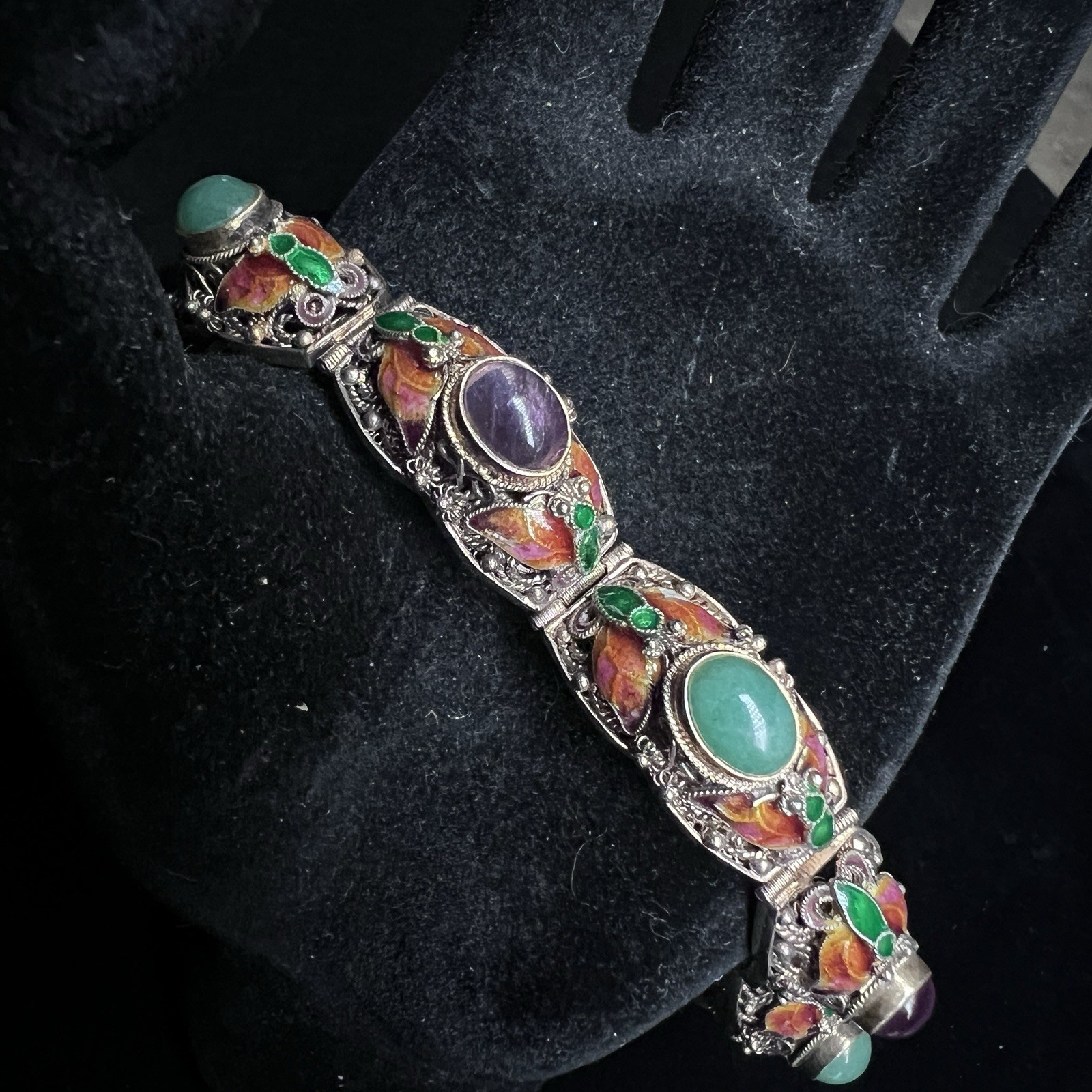 Vintage Chinese Export Silver Vermeil Filigree Enamel Bracelet 7.25″ 34g
