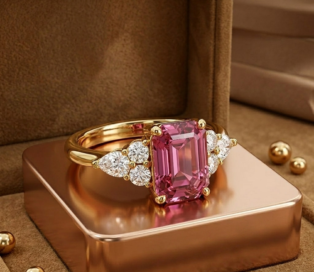 Natural Pink Sapphire & Diamond Wedding Gift Ring 14k Yellow Gold (Import Free)