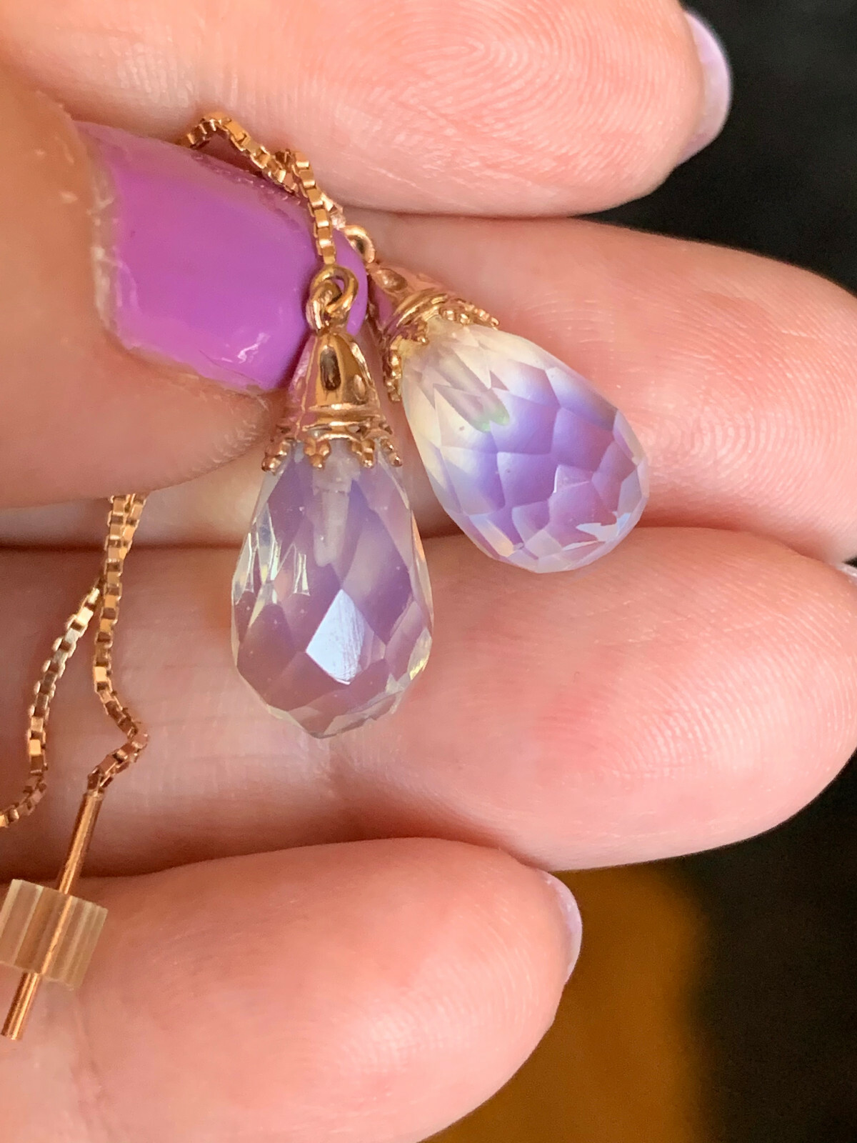 14K PINK ROSE GOLD MOONSTONE THREADER PULL THROUGH CHAIN DANGLE DROP EARRINGS