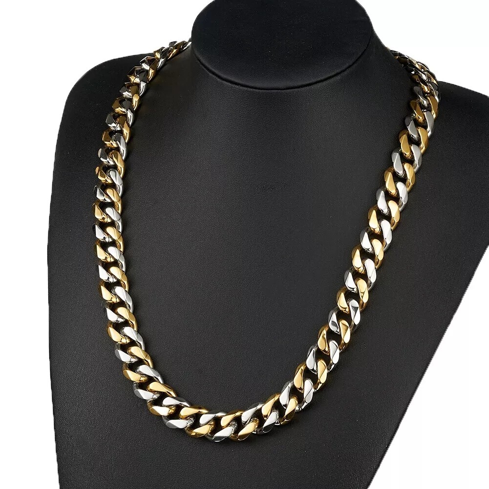 Men’s Black/Silver Tone Stainless Steel Curb Cuban Link Chain Necklace 16″-40″
