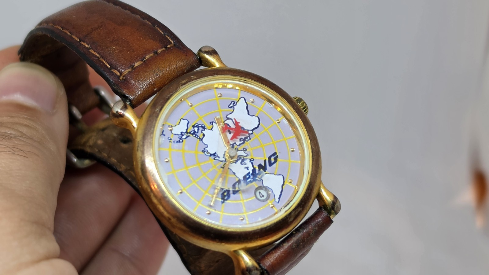 Vintage Boeing World Map Airplane Second Hand Quartz Watch 38mm Japan Runs
