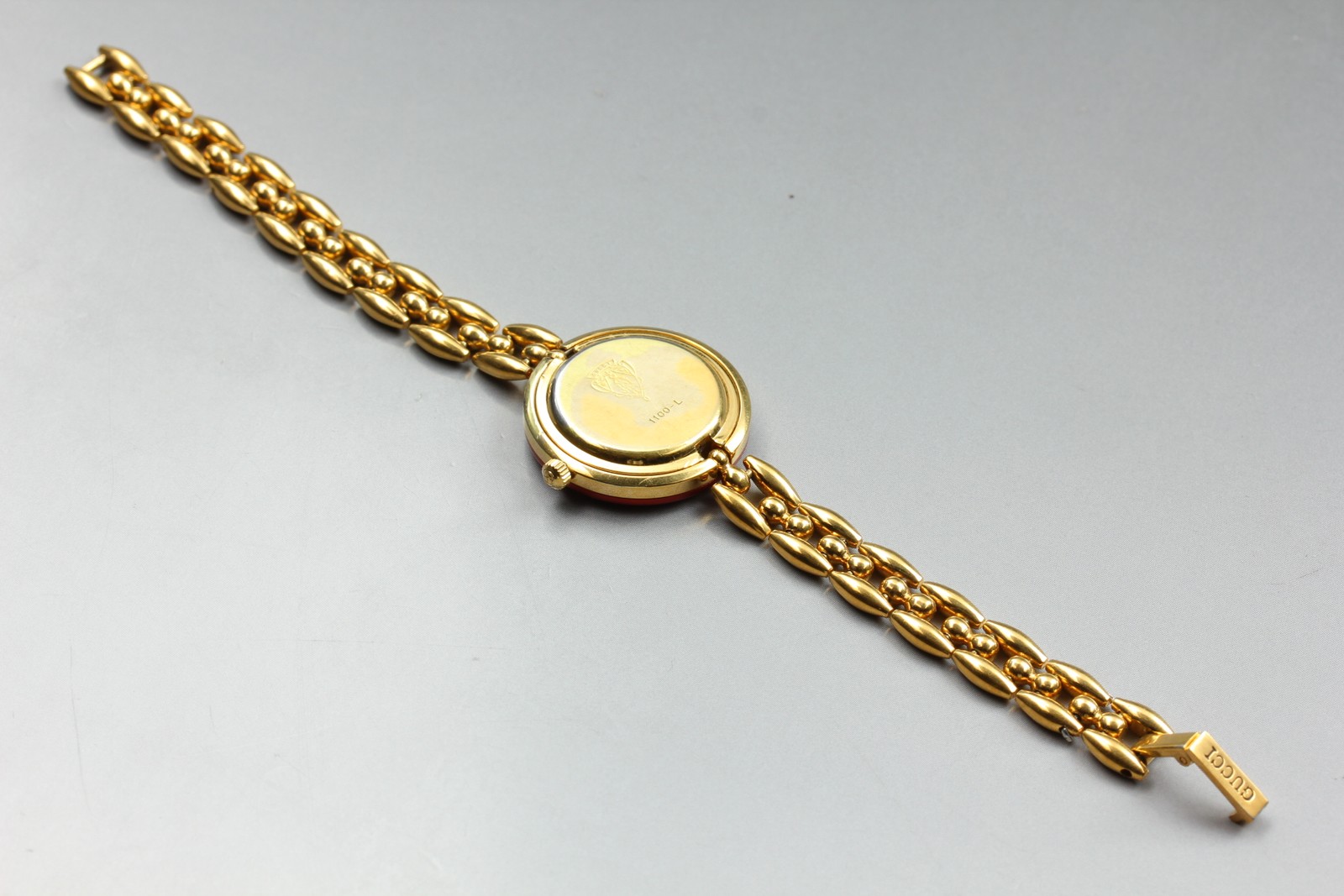 [Exc+5] Vintage Gucci 1100L Change Bezel Red Gold Bangle Quartz Women’s Watch