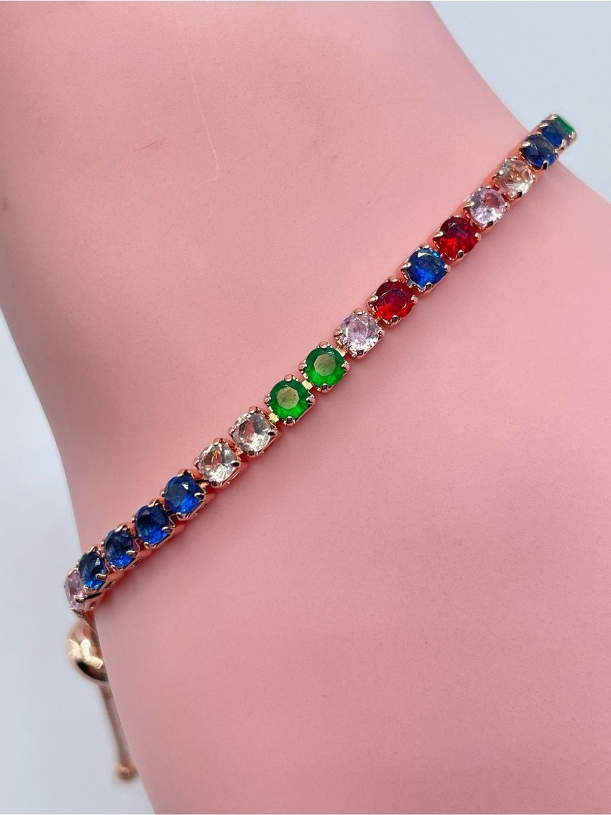 Rose Gold Multicolor Crystal Glass Adjustable Tennis Bracelet Elegant