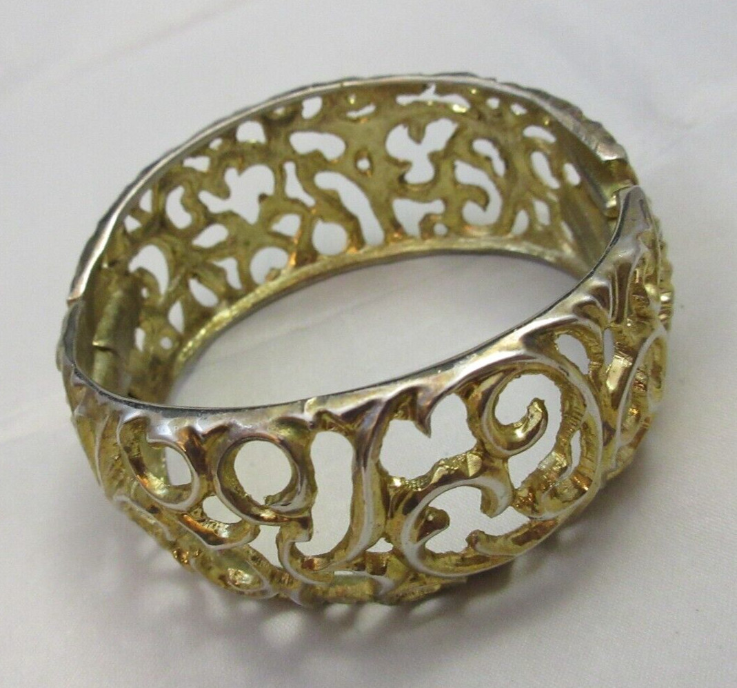 Vintage Open Work 1 1/4 Inch Wide Hinged Cuff Clamper Bracelet Gold Tone As Is