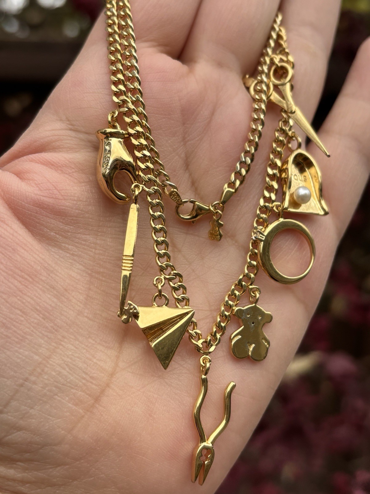 TOUS Silver Vermeil Job Charms Necklace Gold Plated Pearl Topaz Bear Pendant 16”