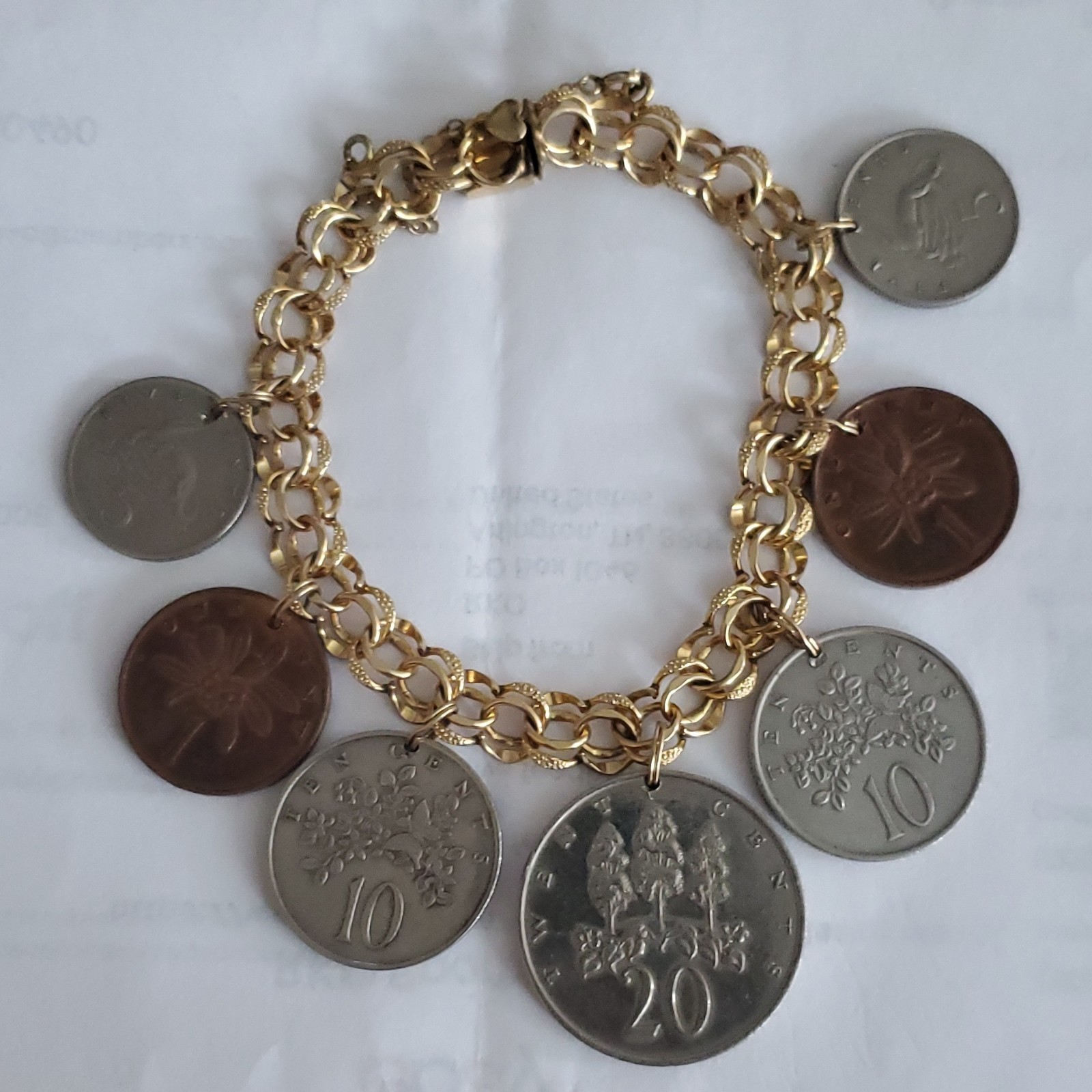 Elco 1/20 12K GF Gold-Tone Cable Chain Coin Dangle Charm Bracelet Lobster
