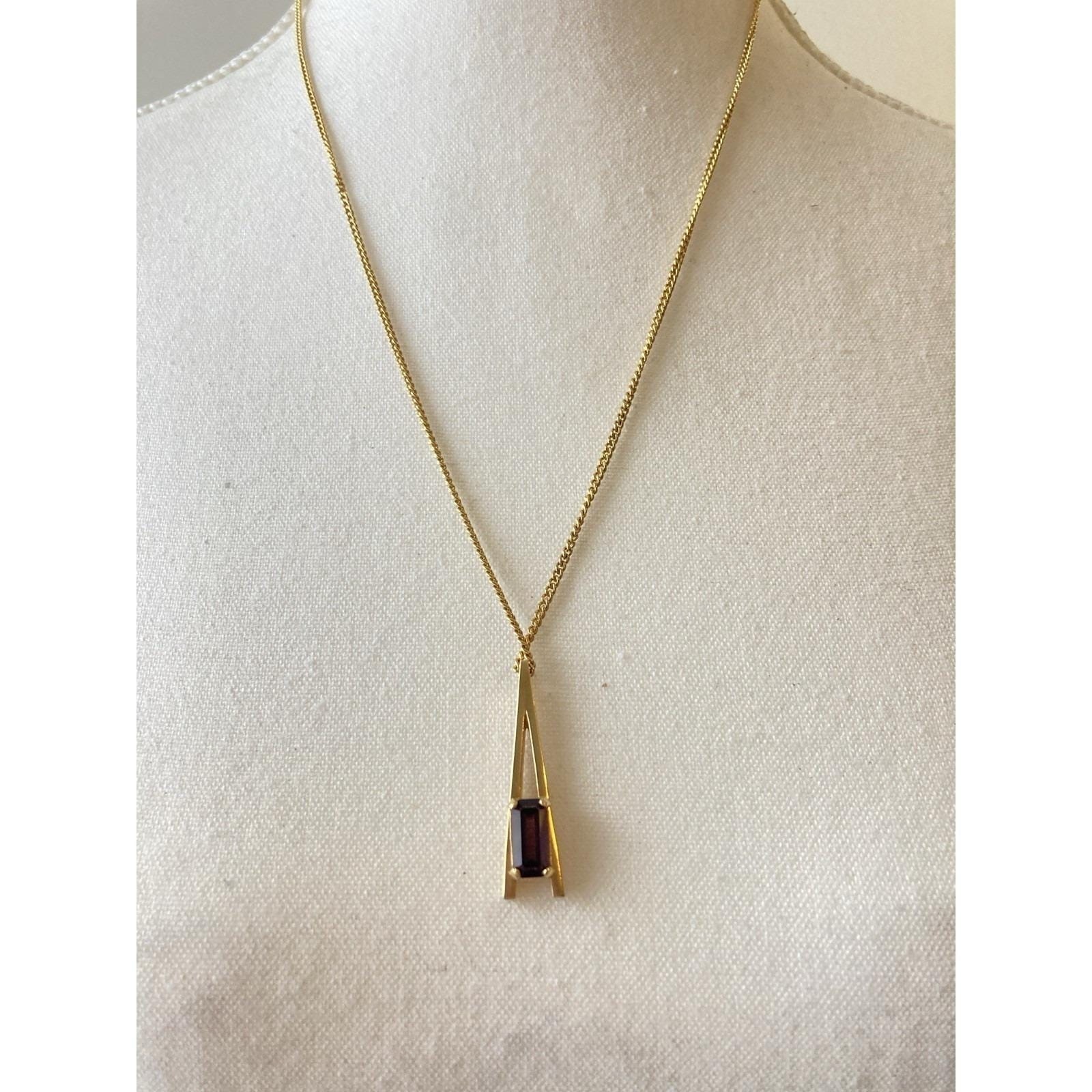 Vintage Avon Modernist Gold Tone Pendant Necklace Faux Amethyst 1970’s