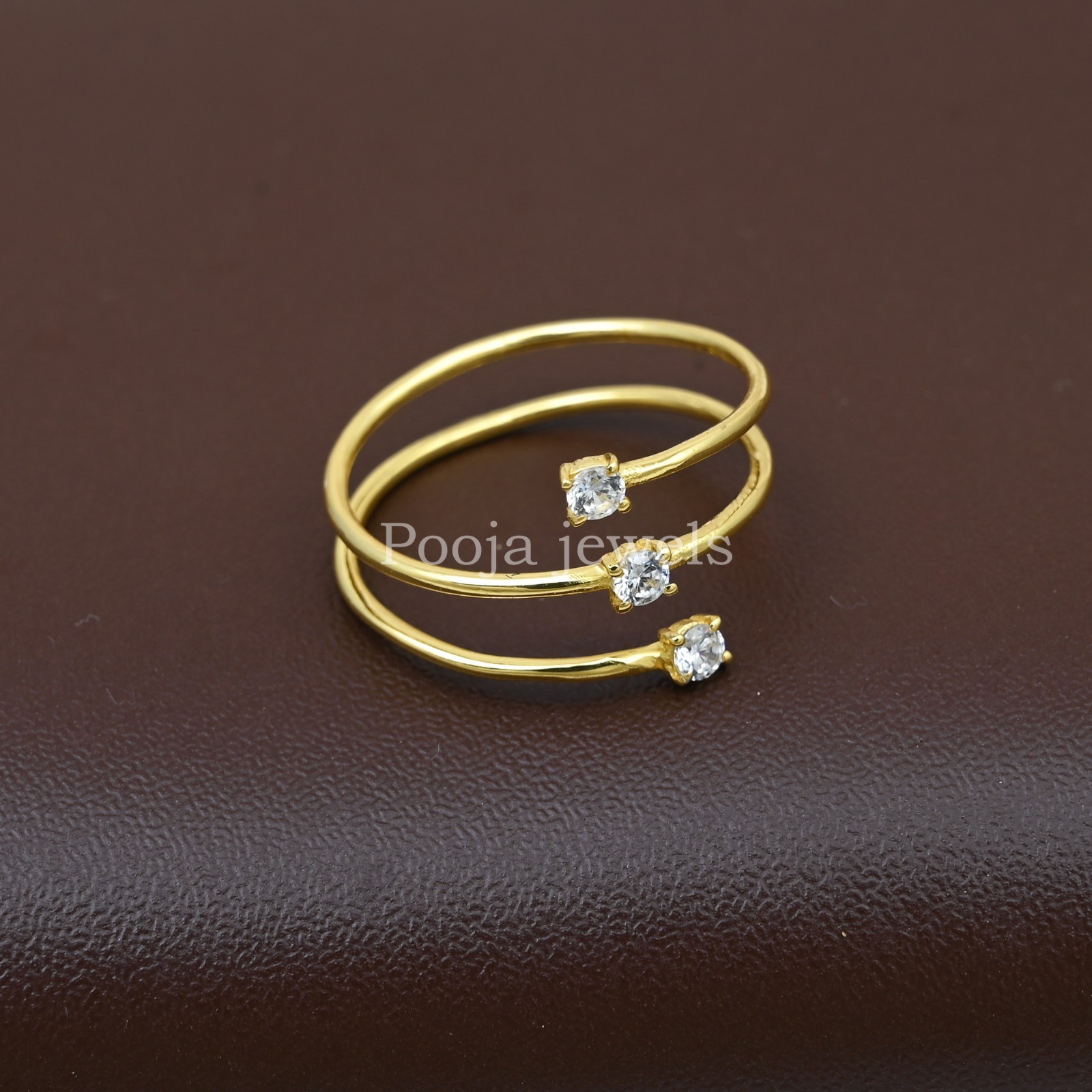 14K Yellow Gold Plated Triple Wrap Open Ring Round CZ Adjustable Minimalist Band