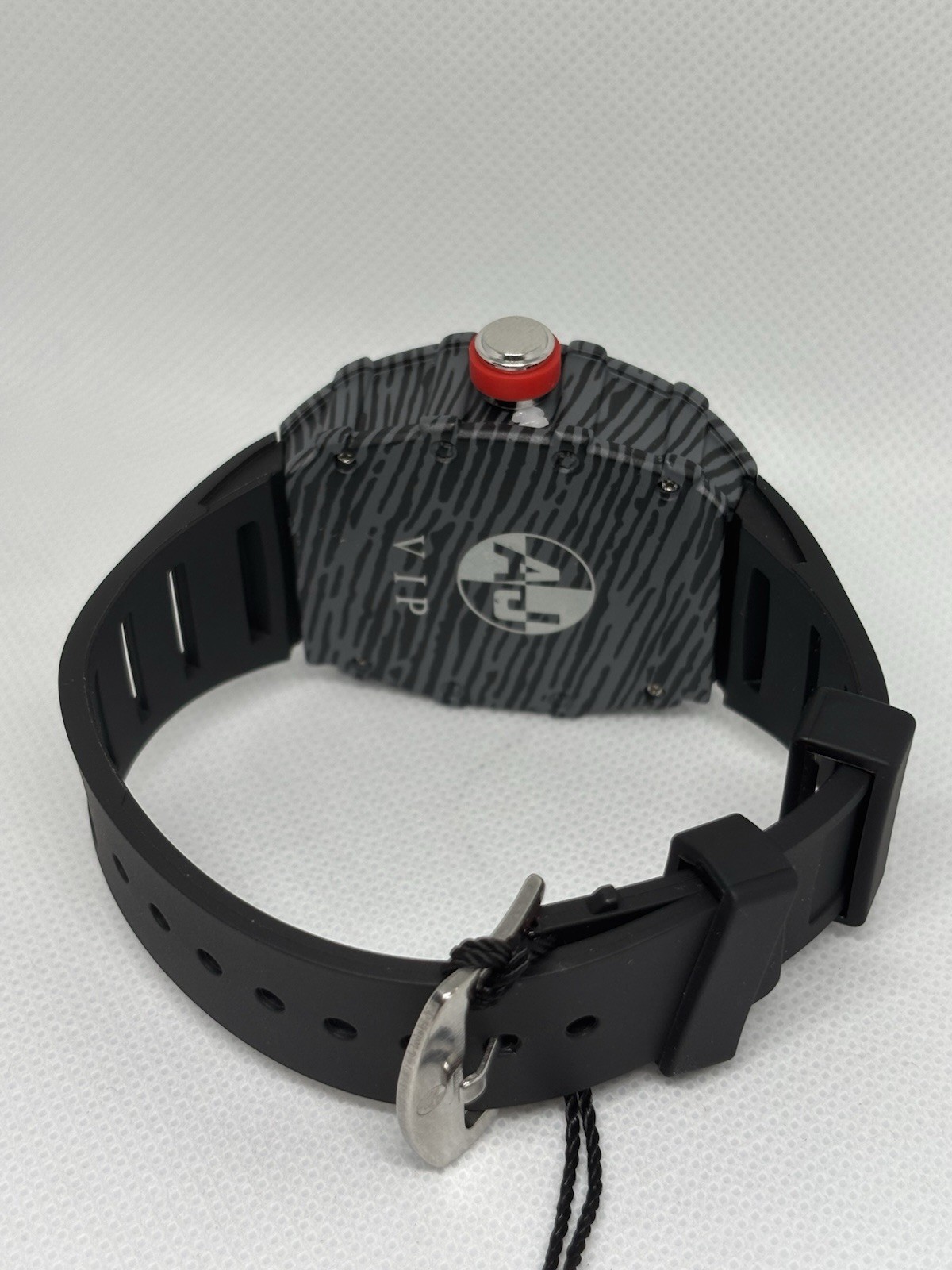 MENS Luxury Skeleton Quartz Watch Gray Carbon Style Red Bezel Box & Papers