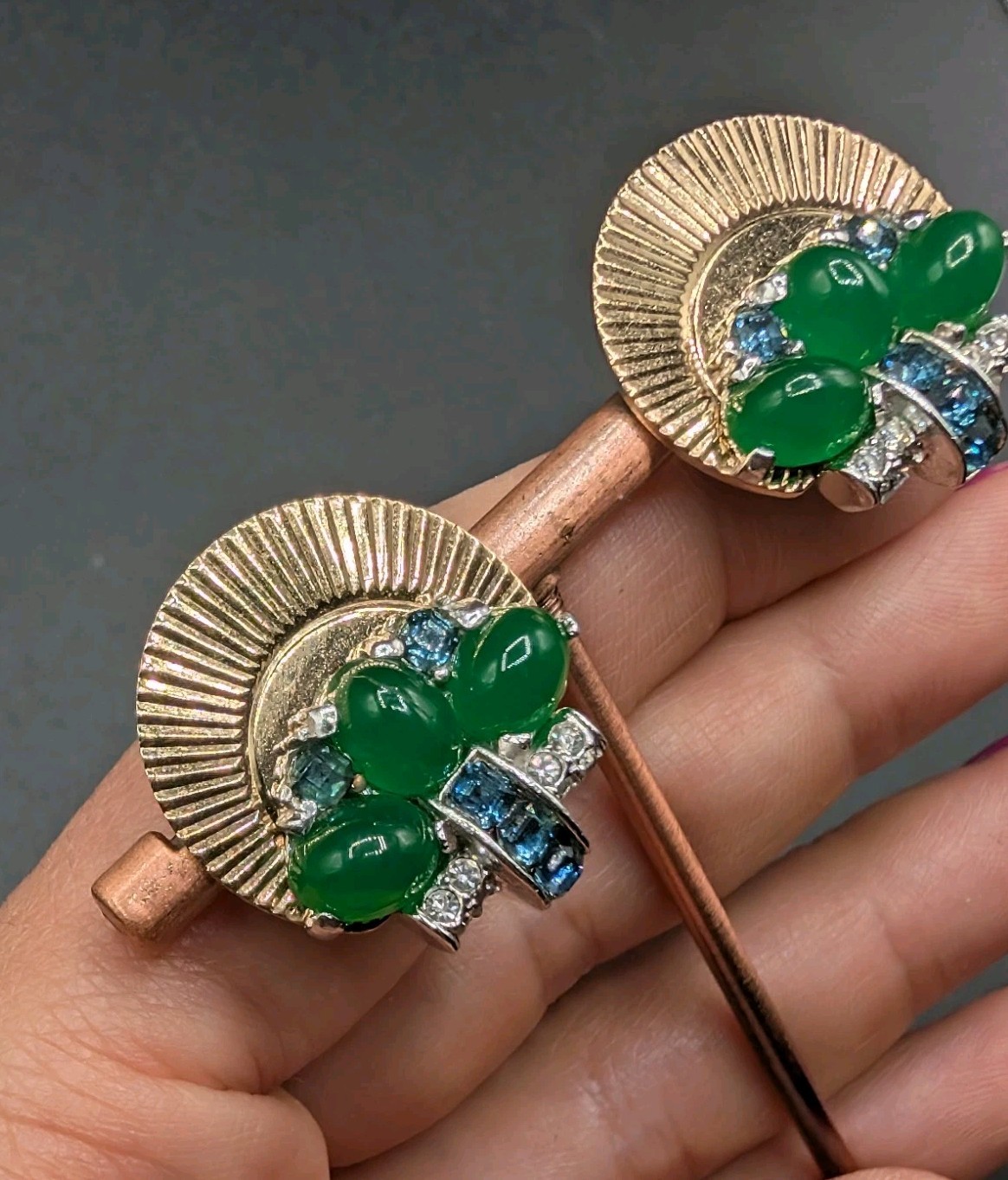 BOUCHER Signed Marcel Green Blue Clear Rhinestone Gold Tone Clip Earrings ⚠️READ