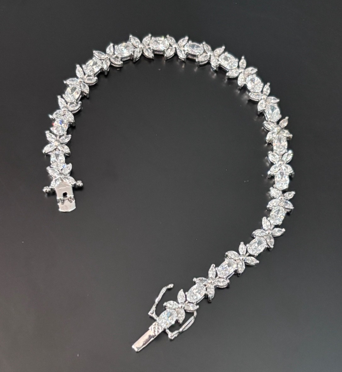VTG Sterling Silver Bracelet Flower Oval Clear CZ 7.25 inches (Plus Necklace)