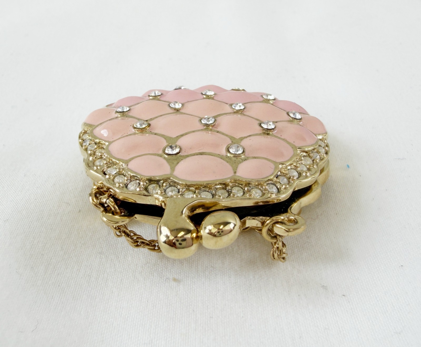NEW ST. JOHN Handbag Brooch Pink Enamel Scales Crystals 24KGP Logo Pin Enhancer