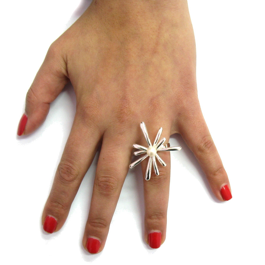 Extravagant Sterling Silver Ring Solid 925 With 6mm Pearl Handmade