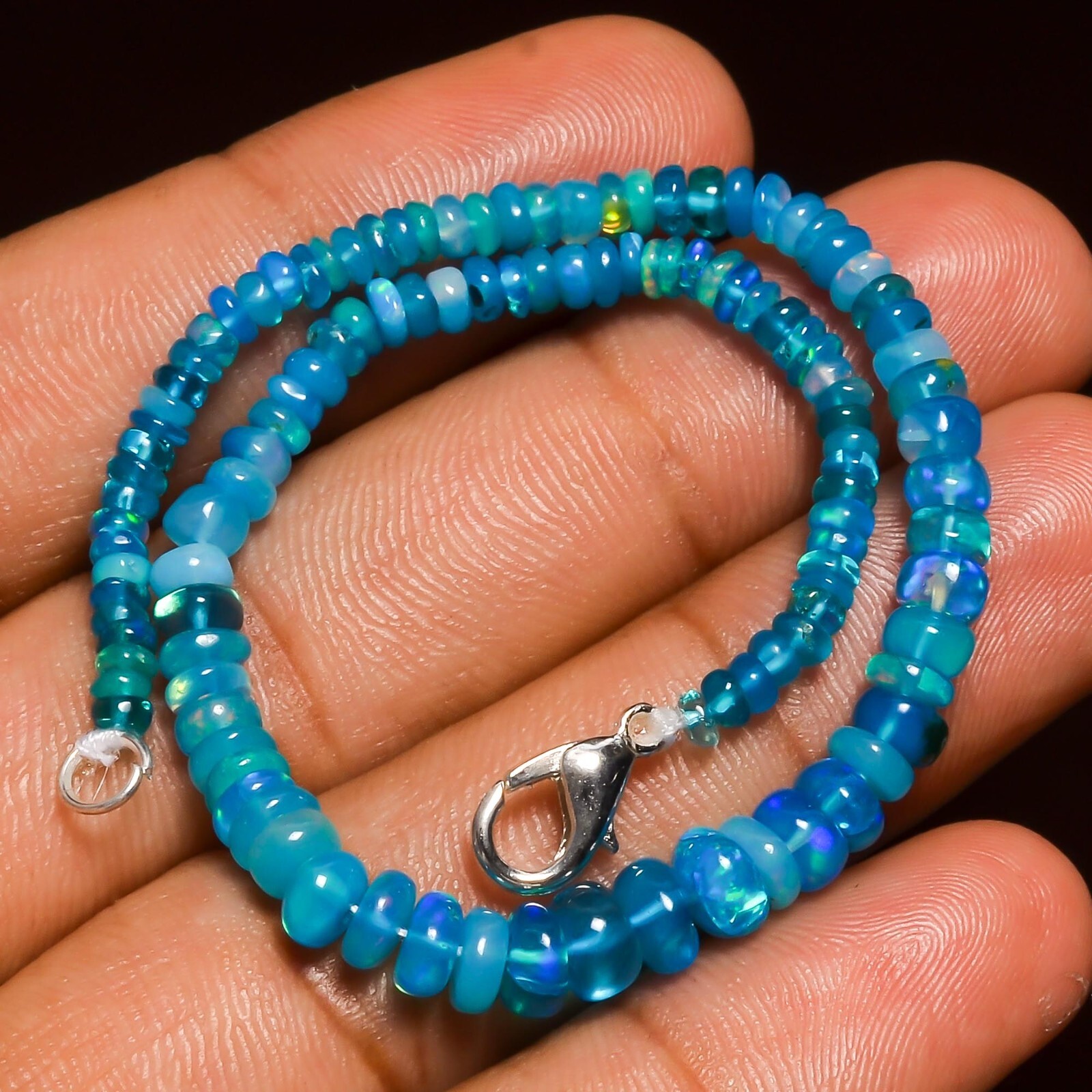 23 Ct. Natural Neon Blue Ethiopian Opal Rondelle Smooth Beads Bracelet 9″ A-5054