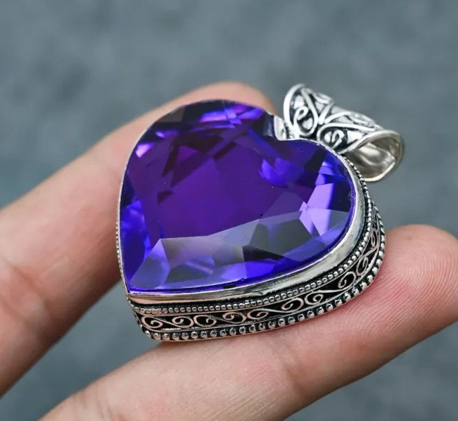 Amethyst Gemstone Heart Pendant: Handmade 925 Sterling Silver Designer Jewelry