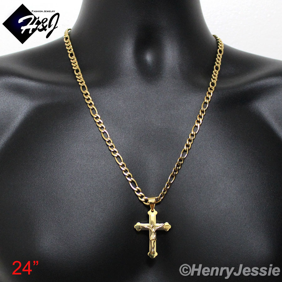 18″-36″MEN Stainless Steel 6mm Gold Plated Figaro Link Chain Cross Pendant*J2