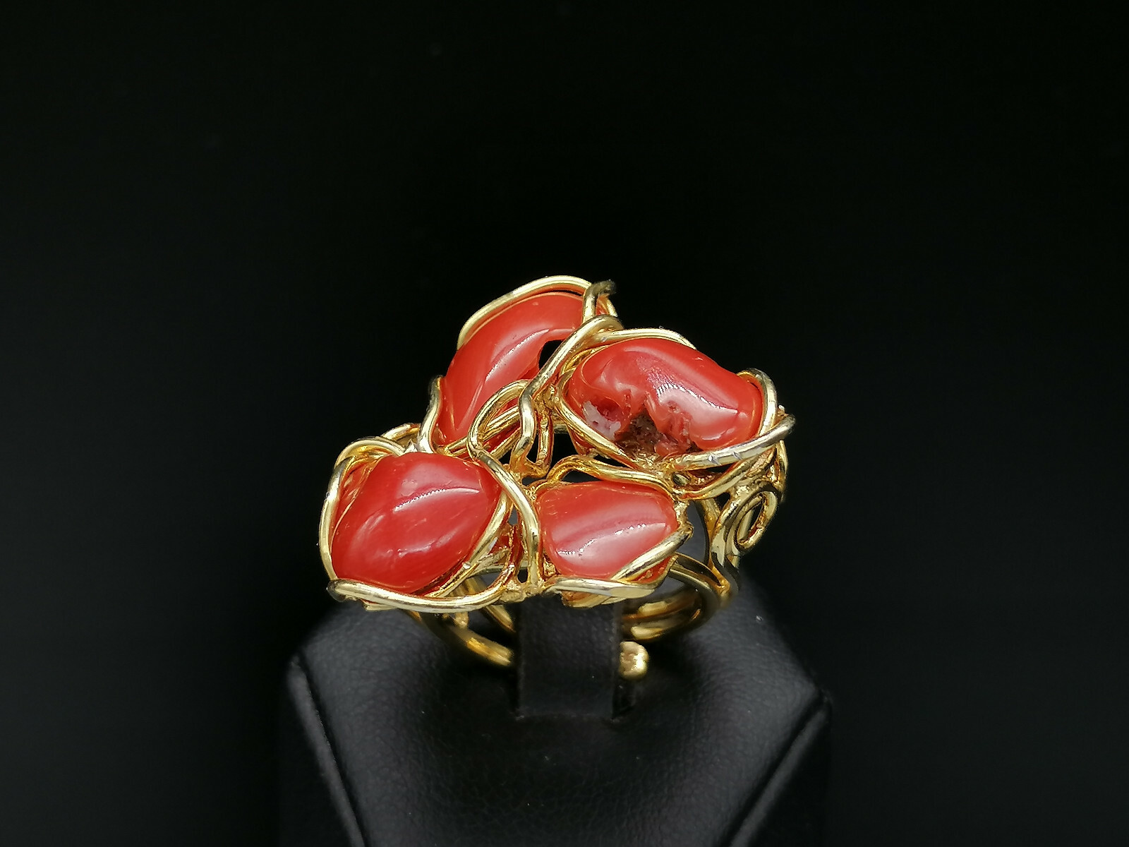 Genuine Sardinian Red Coral 925 Silver Gold Plated Adjustable Women Ring