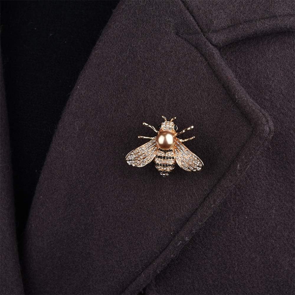 Charming Gold-Plated Bee Brooch with Rhinestones & Shell Pearl Beauty