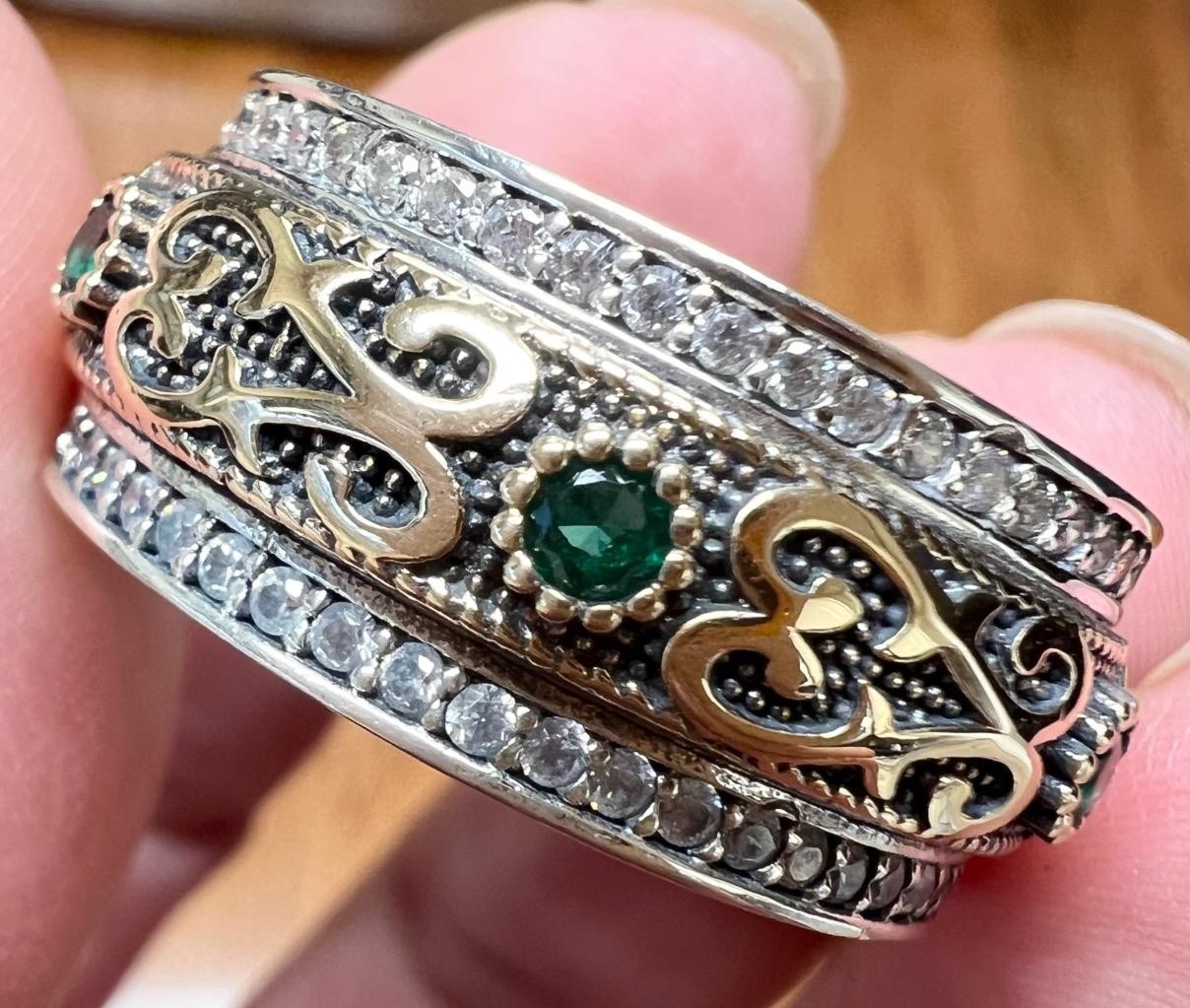 REAL Diamond Emerald SOLID 14K Yellow Gold 925 Wide Band Ring Etruscan Rev SZ 9