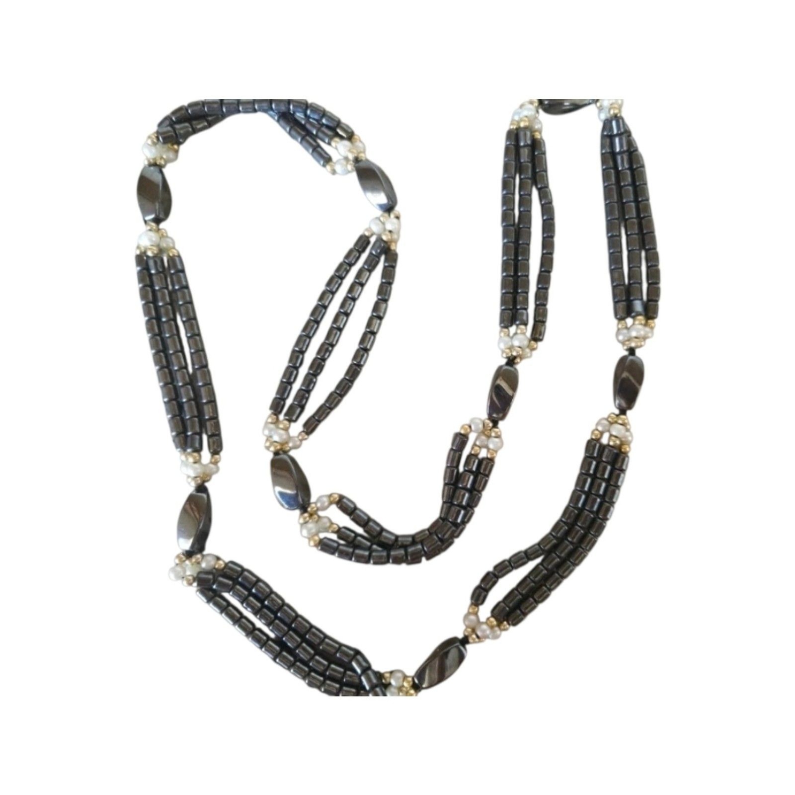 Vintage Hematite and Pearl Beaded Necklace Gray White 36 cm Fashion Jewelry