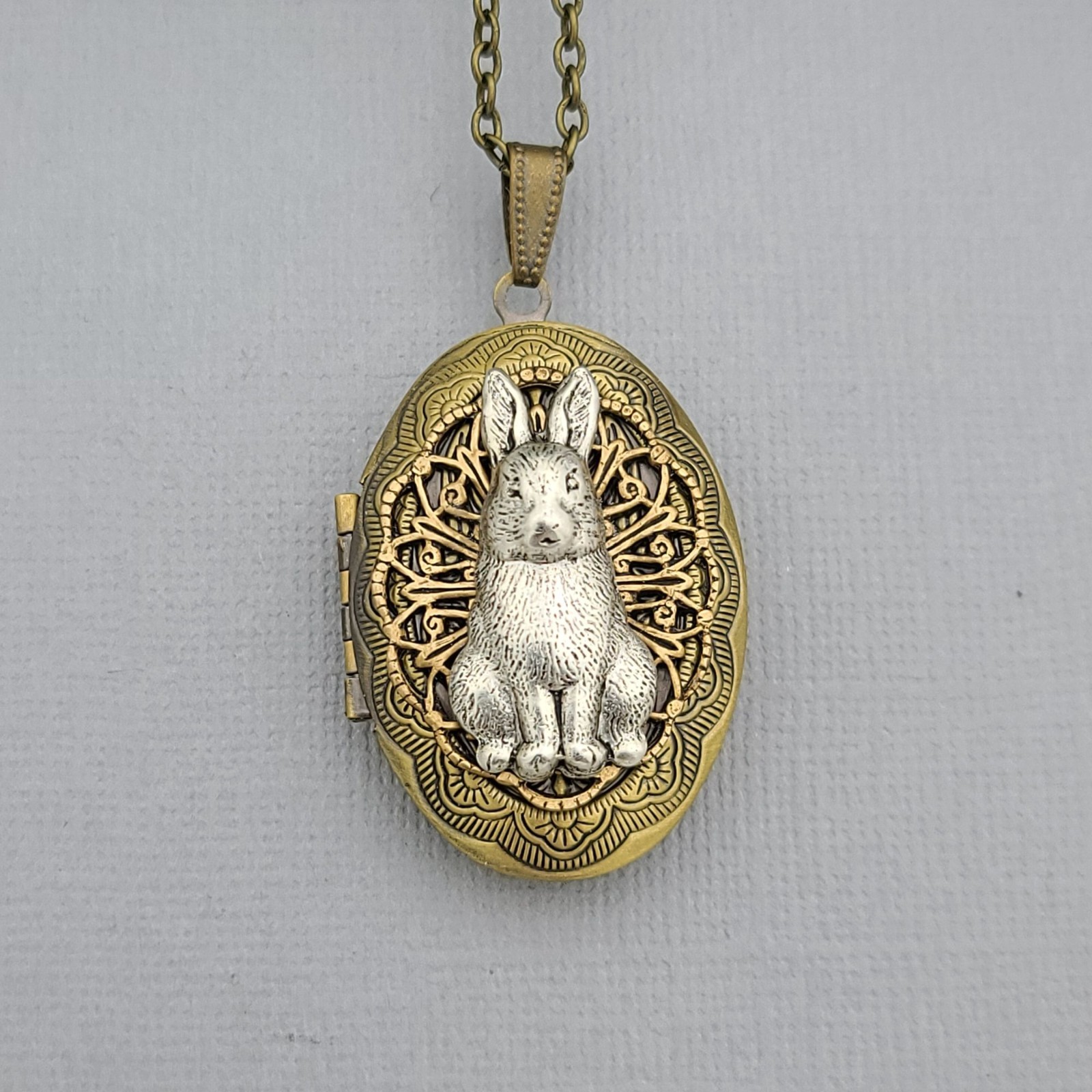 Ox Brass Oval Rabbit Locket Necklace Jewelry Keepsake Photo Locket