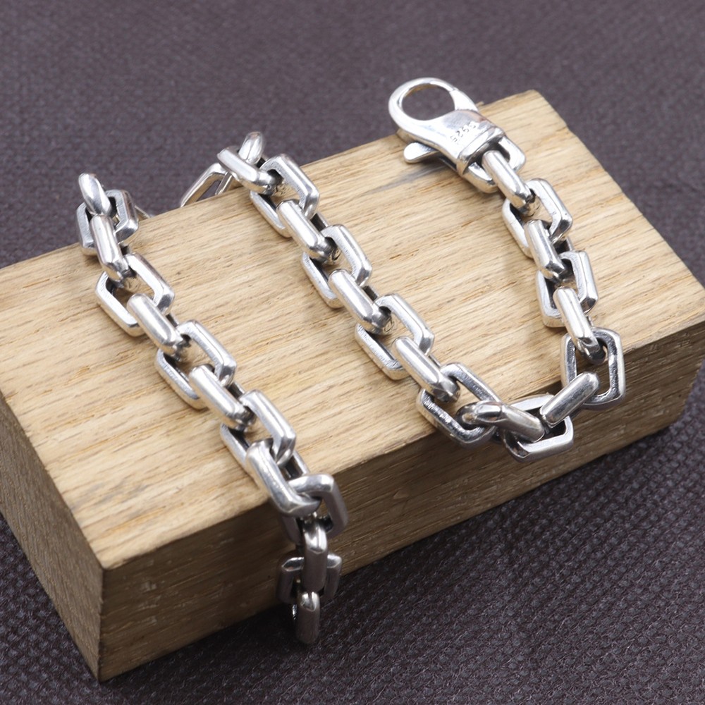 Pure 925 Sterling Silver Men’s Chain 7mm Square O Link Bracelet 27-28g 8.26inch