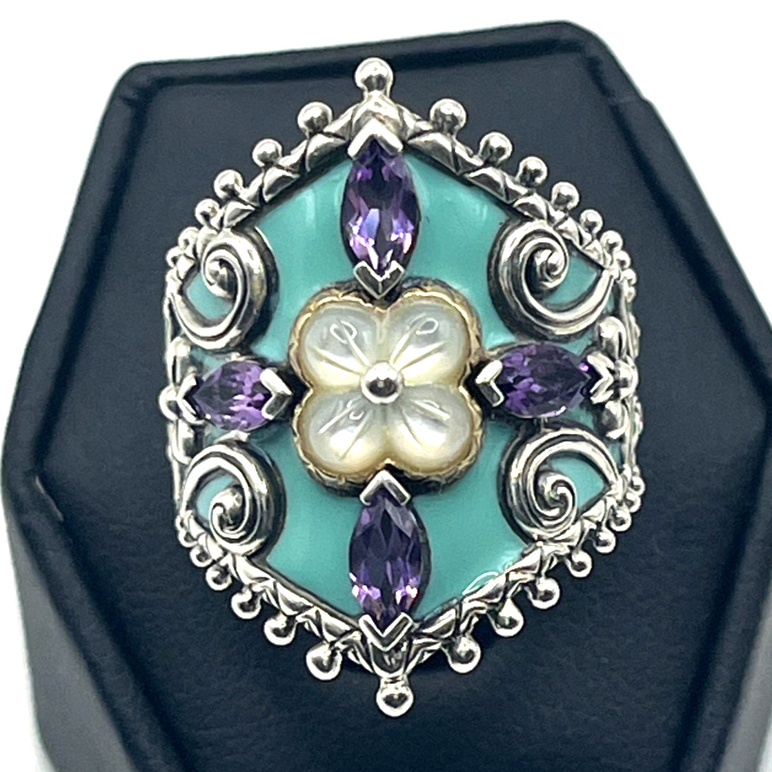 Barbara Bixby Ring Sz 8 Turquoise Amethyst MOP Lotus Sterling 925 and 18k Accent