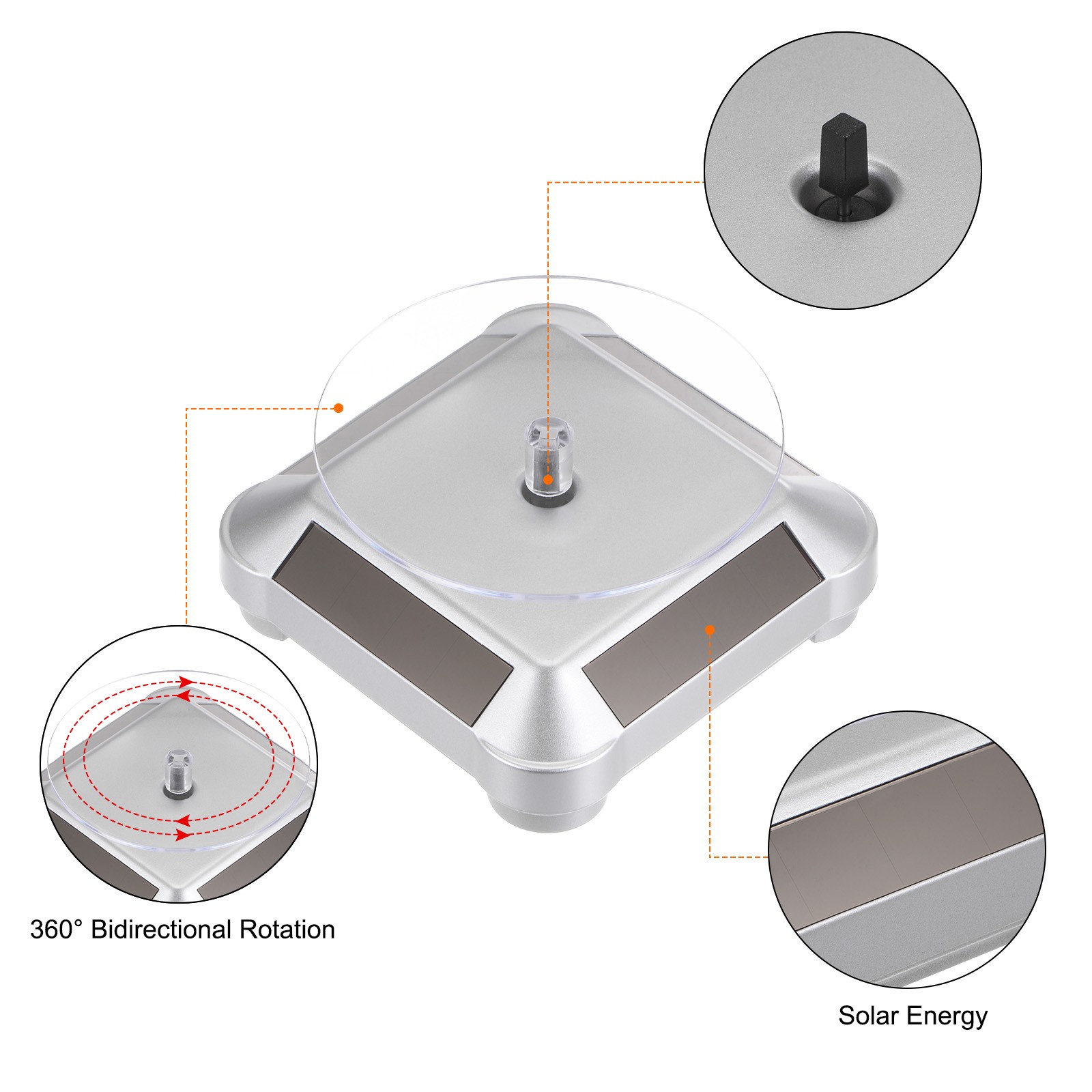 Solar Display Stand Turntable 360°Rotating Double Use ABS Silver Tone