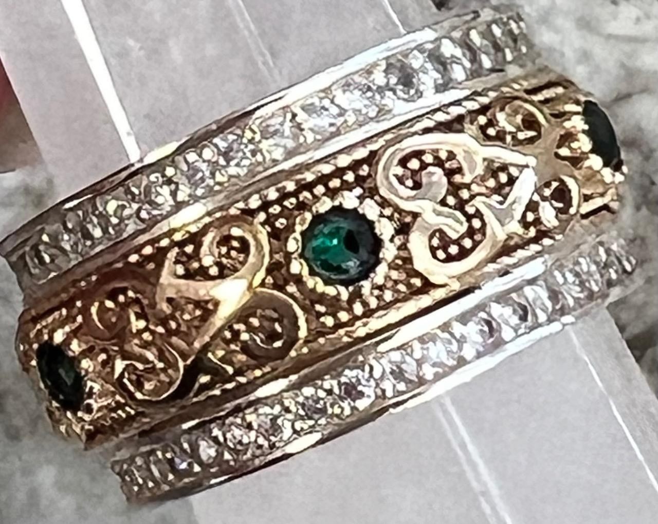 REAL Diamond Emerald SOLID 14K Yellow Gold 925 Wide Band Ring Etruscan Rev SZ 9