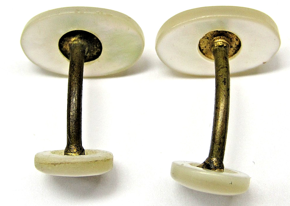 Vintage Mother of Pearl Oval Cufflinks Mid Century Fixed Link Brass Mens Wear