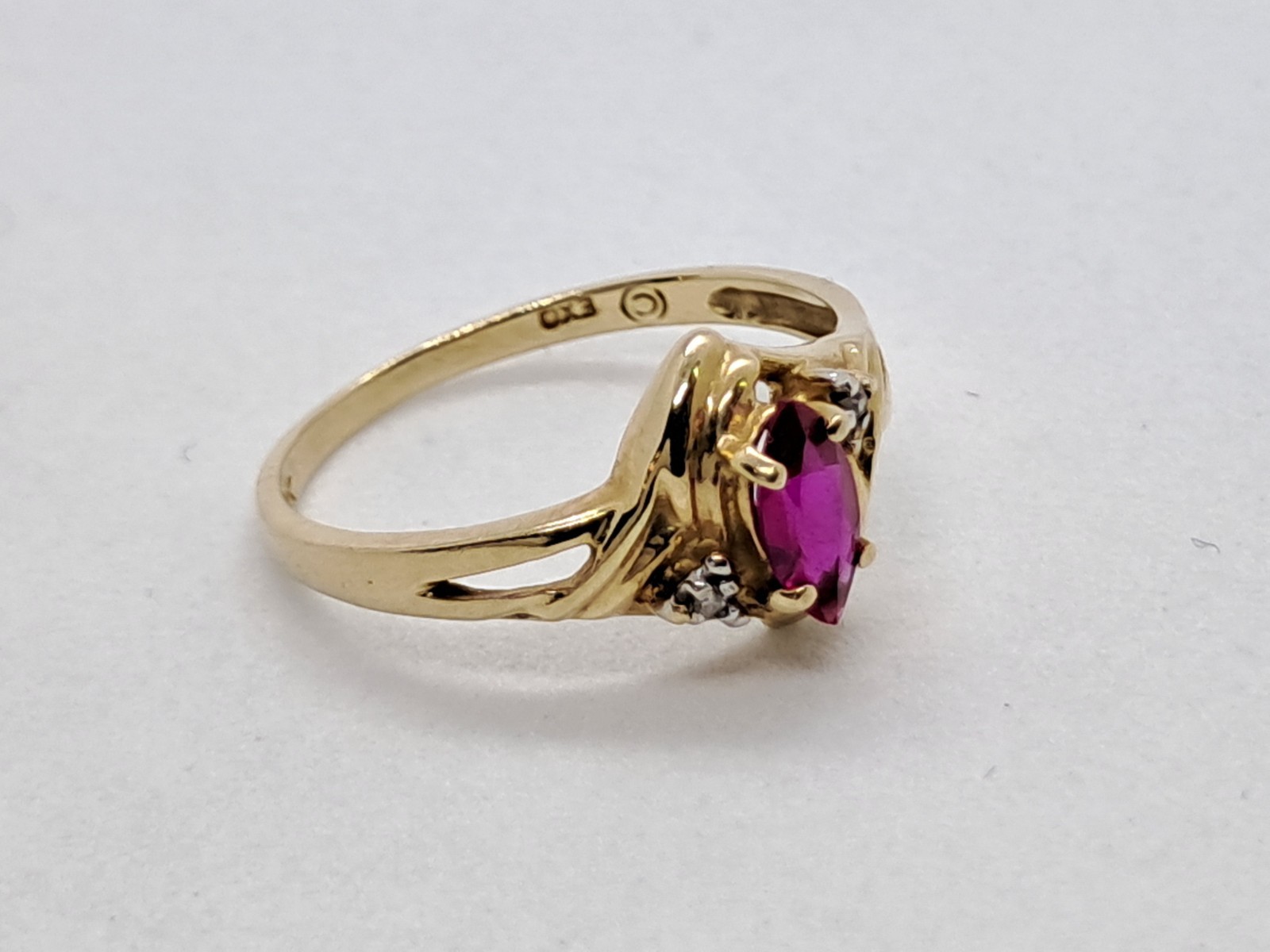 Dainty Victorian Style Marquise Ruby Ring 10K Solid Yellow Gold Natural Diamonds