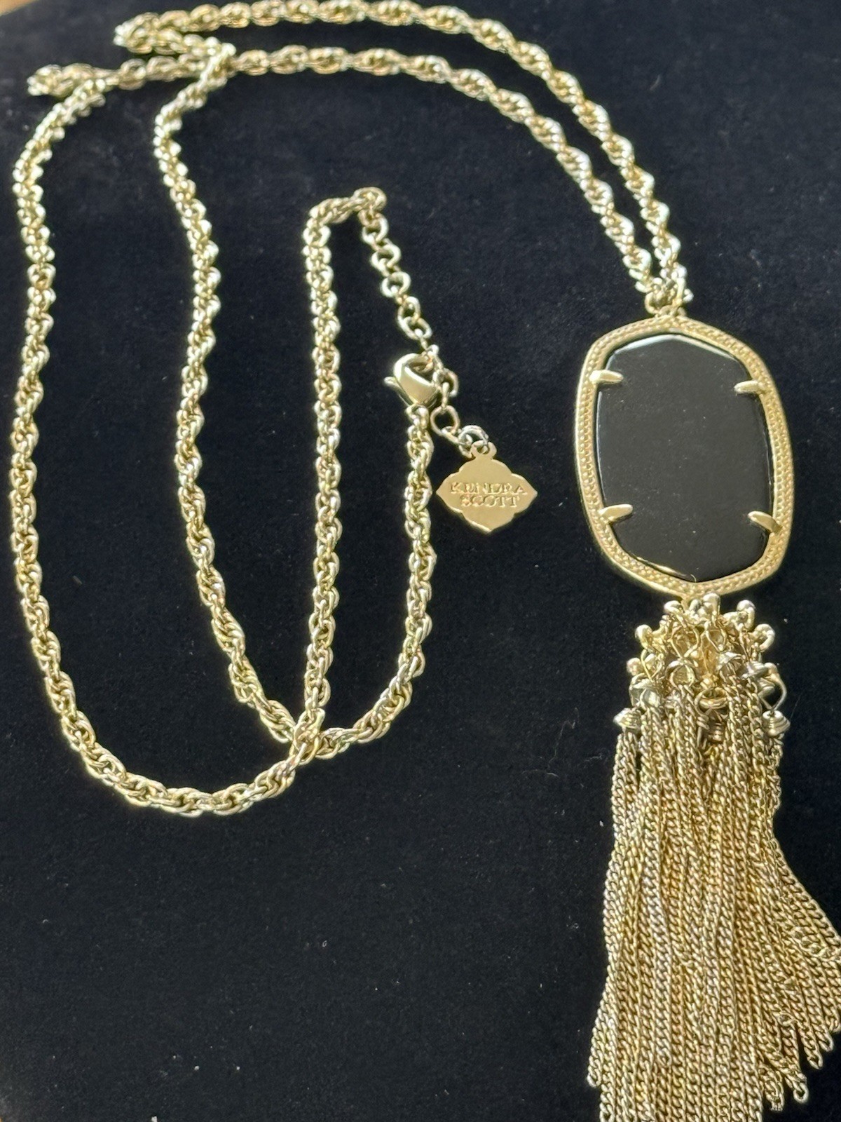 Kendra Scott Rayne Tassel Necklace Black Stone Gold Tone Long Statement