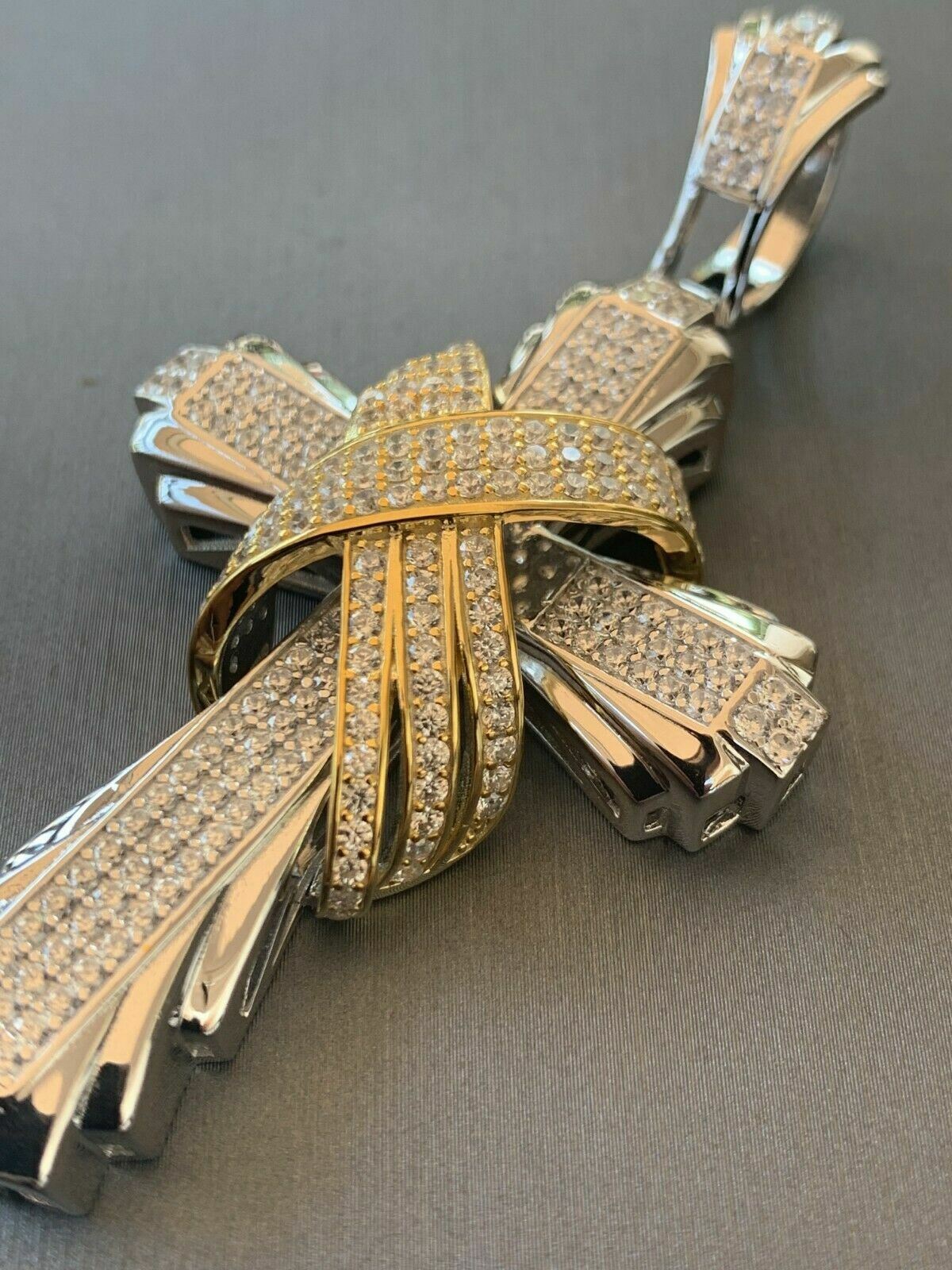 Mens Large Cross Pendant Solid 925 Sterling Silver 14k Gold Plated ICY HipHop CZ