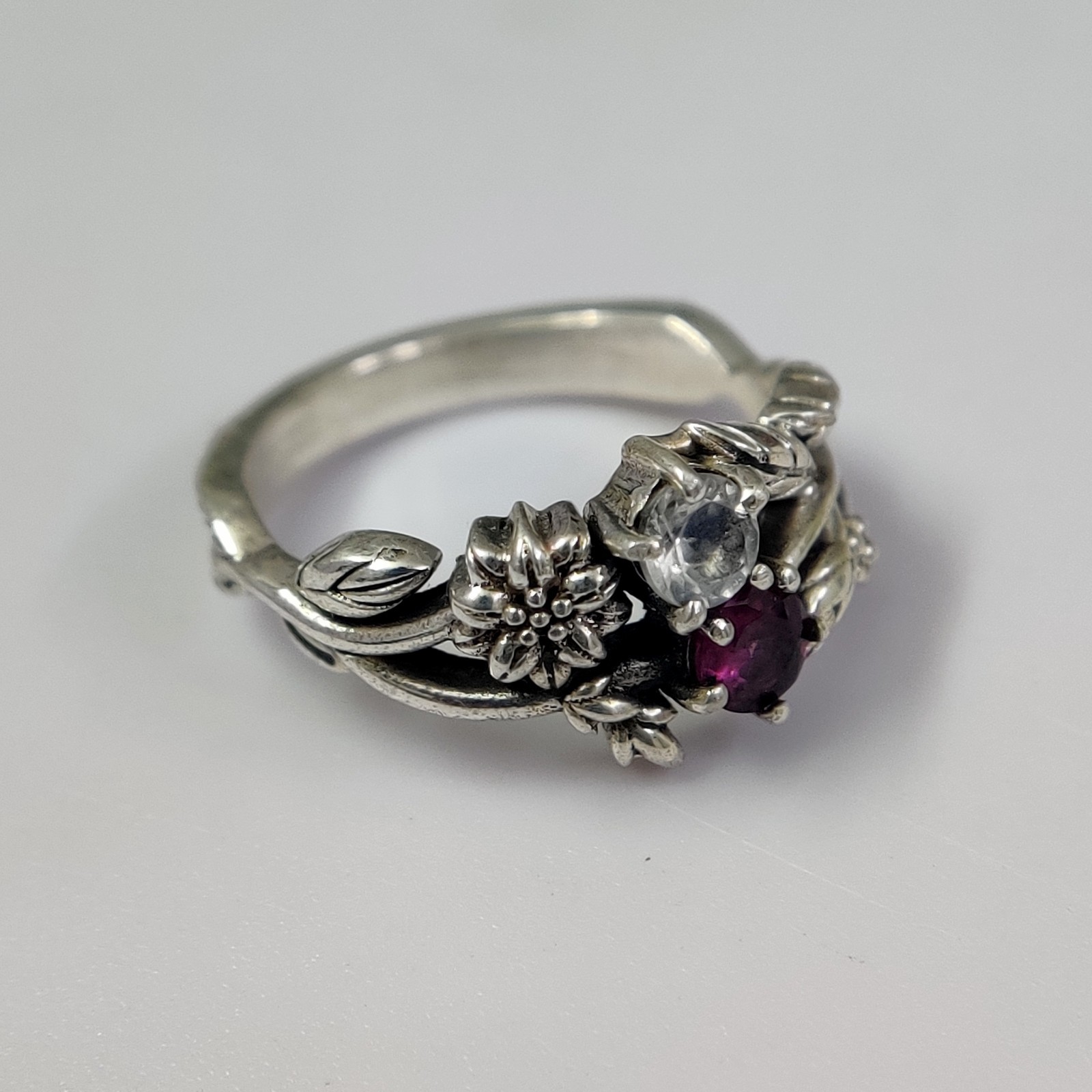Nature Garnet Rainbow Moonstone 925 Silver Leaf Vine Floral Ring Wedding Band